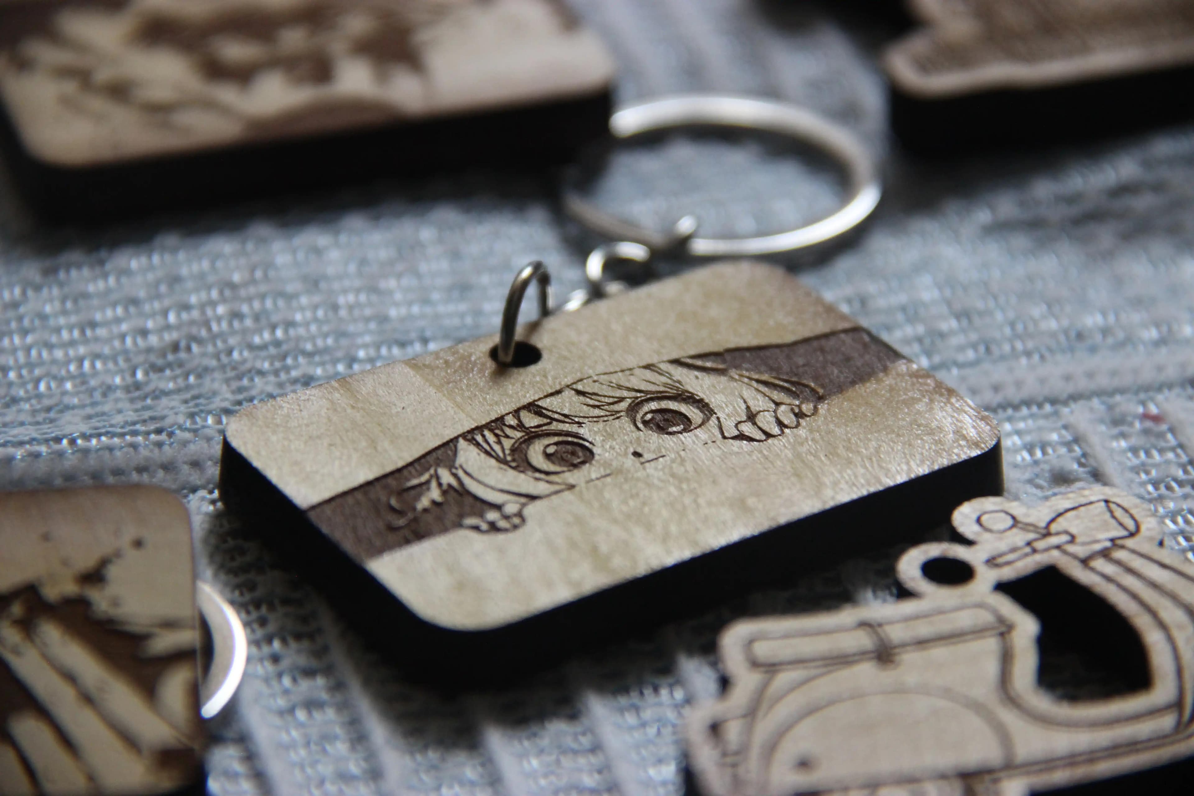 Handcrafted Anya Forger Keyring in engraved wood finish