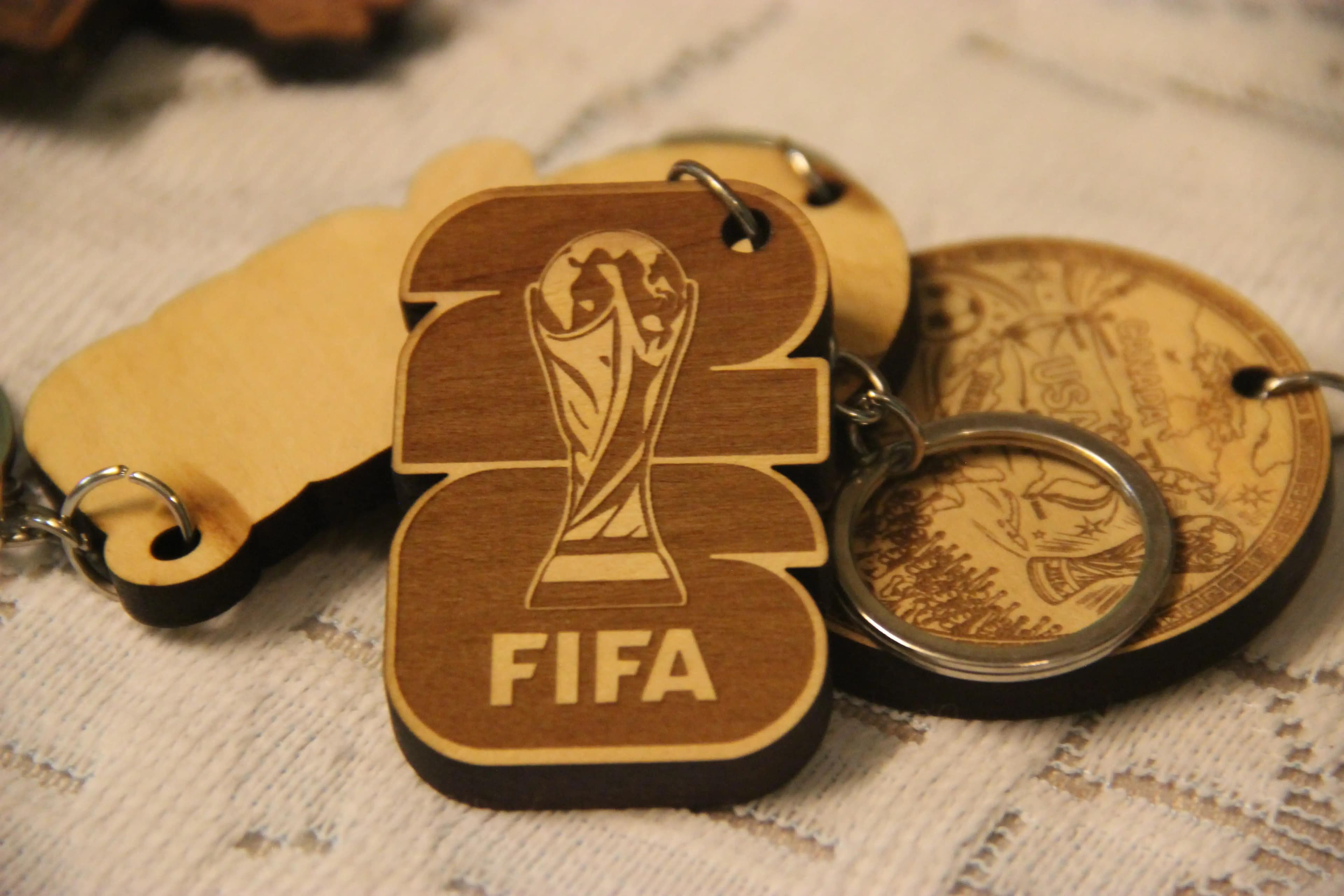 Handcrafted Worldcup 2026 keyring in engraved wood finish